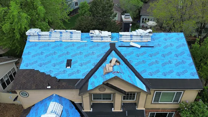 Drone view of residential roofing project